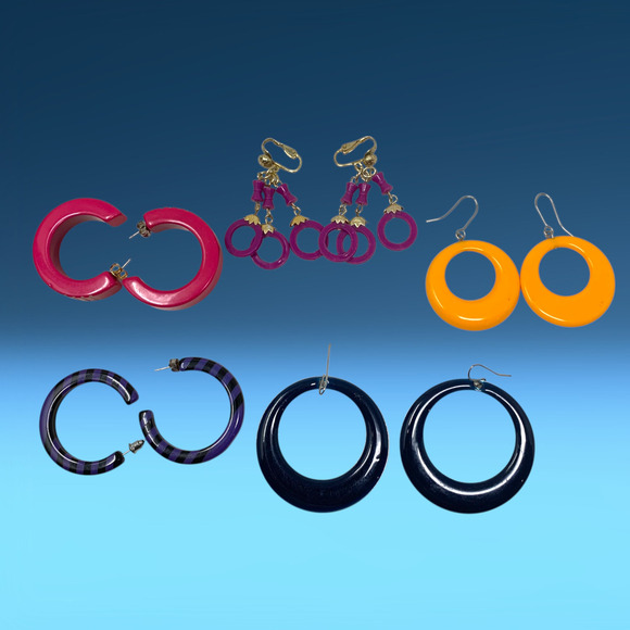 Lot 5 x Vintage 80's Pop Art Acrylic Hoop Earrings Pierced Punk New Wave - Picture 1 of 7